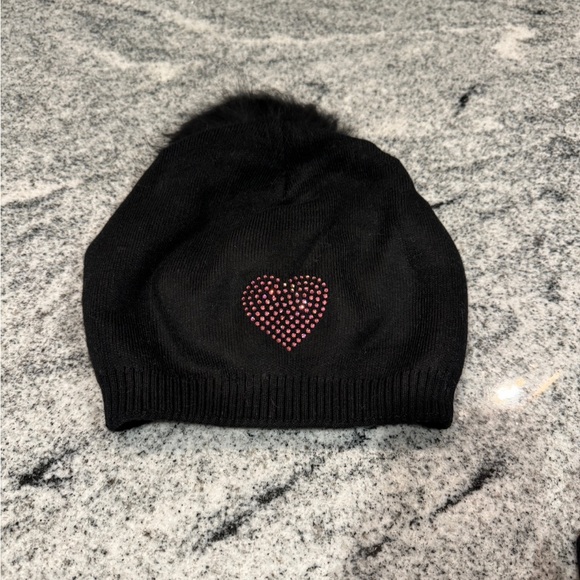 New Custom Designed Black Cashmere Blend Pom Beanie w/ Pink Crystal Beaded Heart